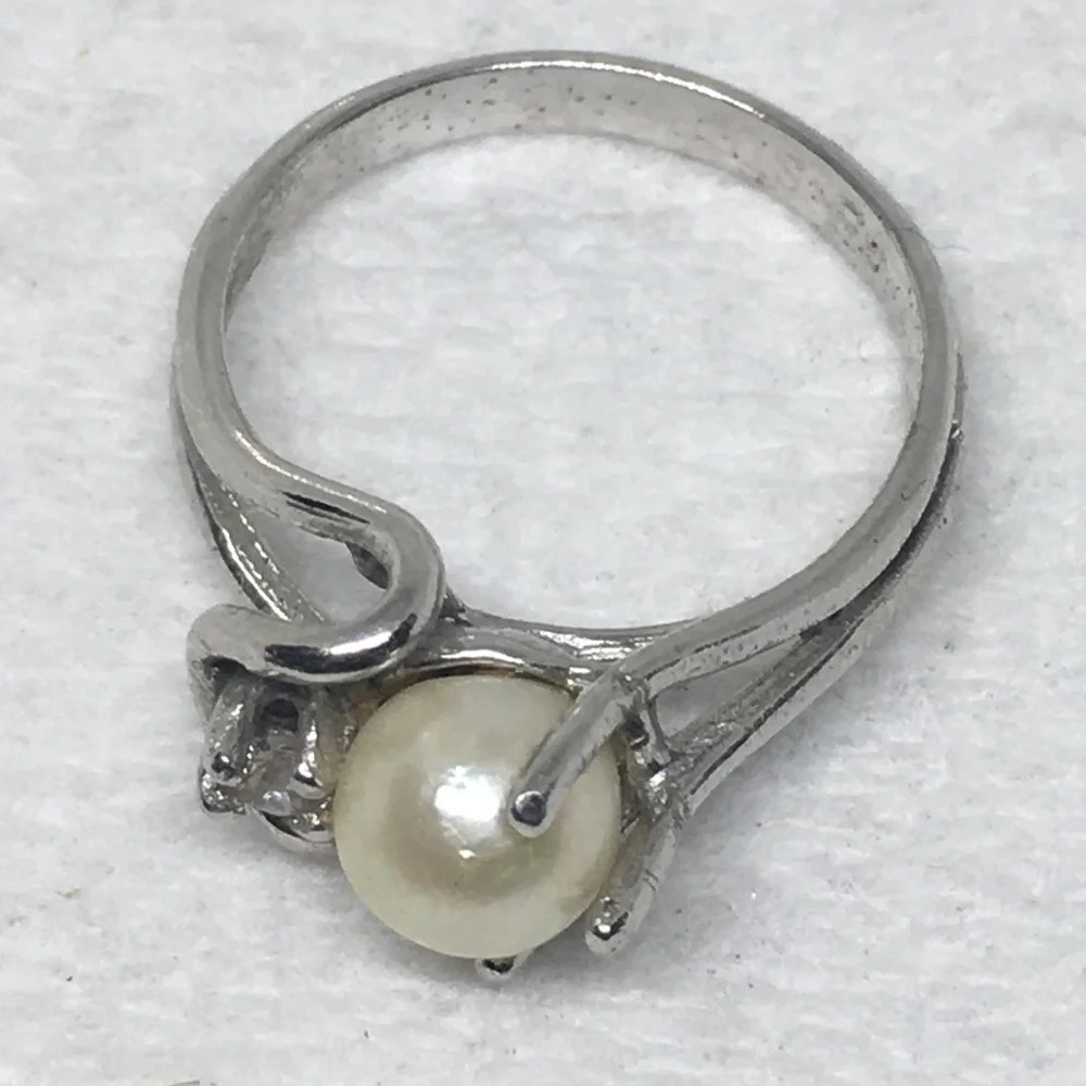 Vintage Uncas Genuine Pearl Sterling Silver CZ Ring 5 - Picture 7 of 9